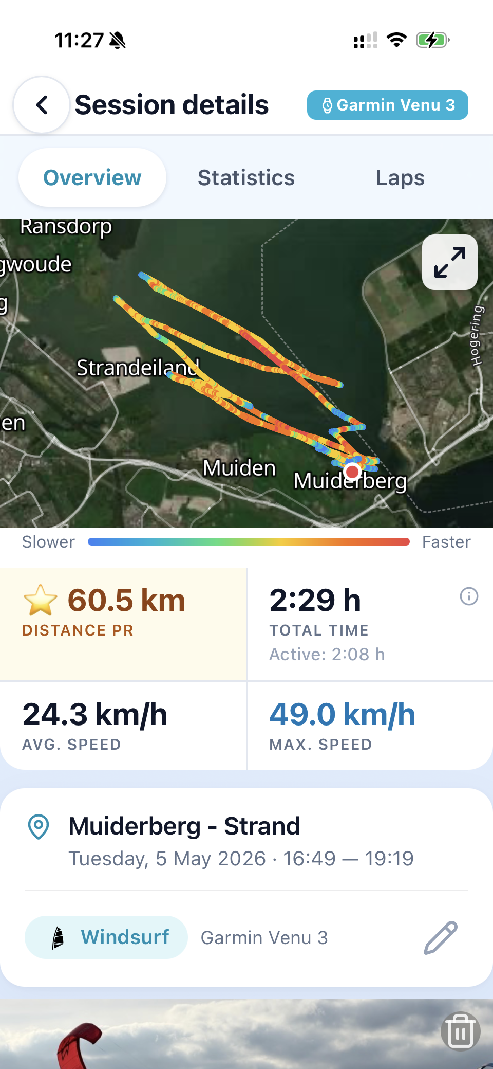 Dettagli sessione RigSize Live con tracking Garmin, mappa, velocità e distanza