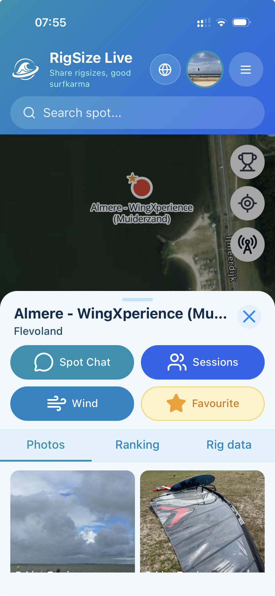 Schermata informazioni spot nell'app RigSize Live