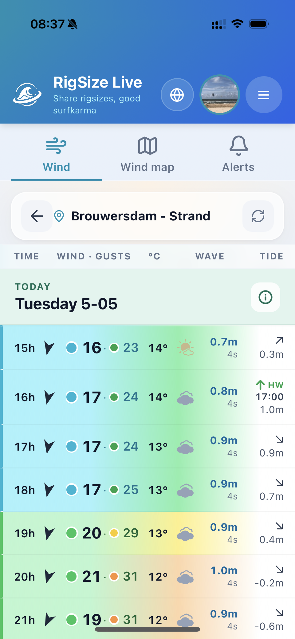 Previsione vento nell'app RigSize Live