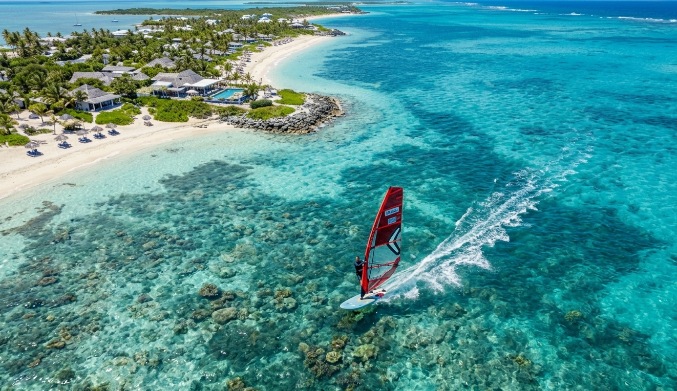 Windsurfista su acqua turchese